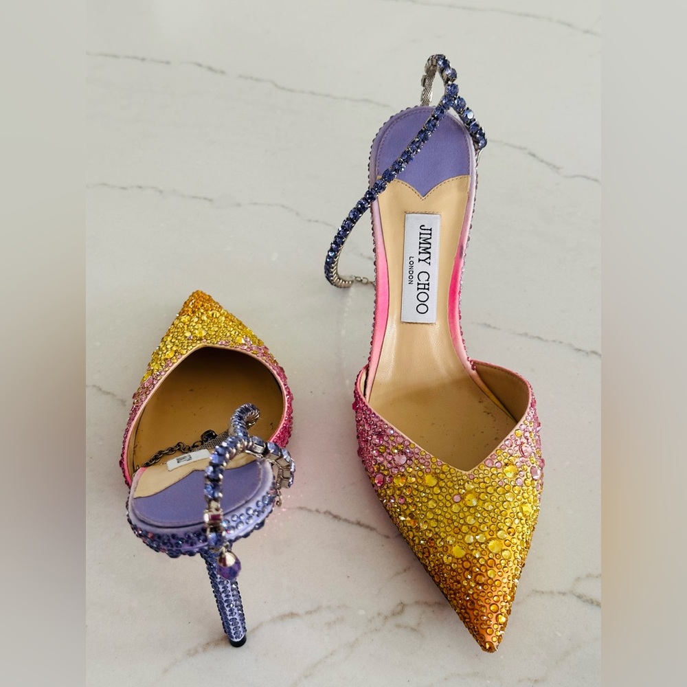 Jimmy Choo Pink and Yellow Glitter Heels - Picture 3 of 6